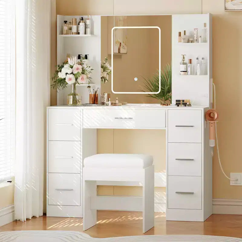 Makeup Vanity with Mirror and Chair, Hair Dryer Rack, 7 Drawers, 3 Lighting Modes Adjustable