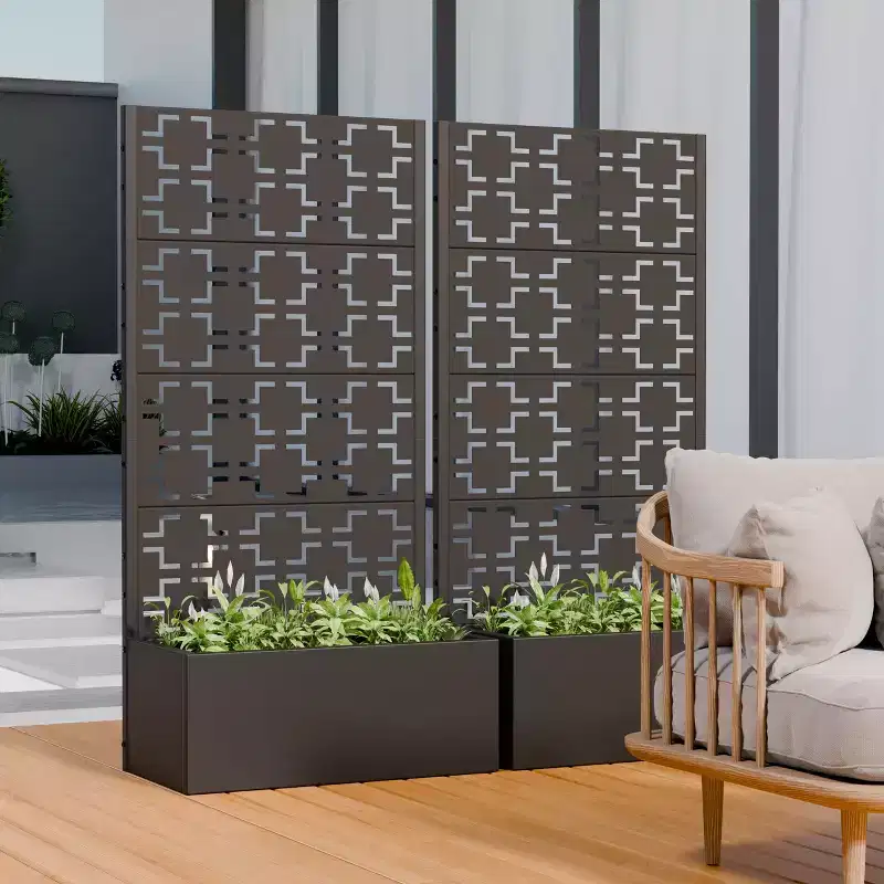 Metal Outdoor Privacy Screen with Planter Box Freestanding Privacy Fence Trellis for Climbing Plants Rustproof Garden Divider with Drainage Hole
