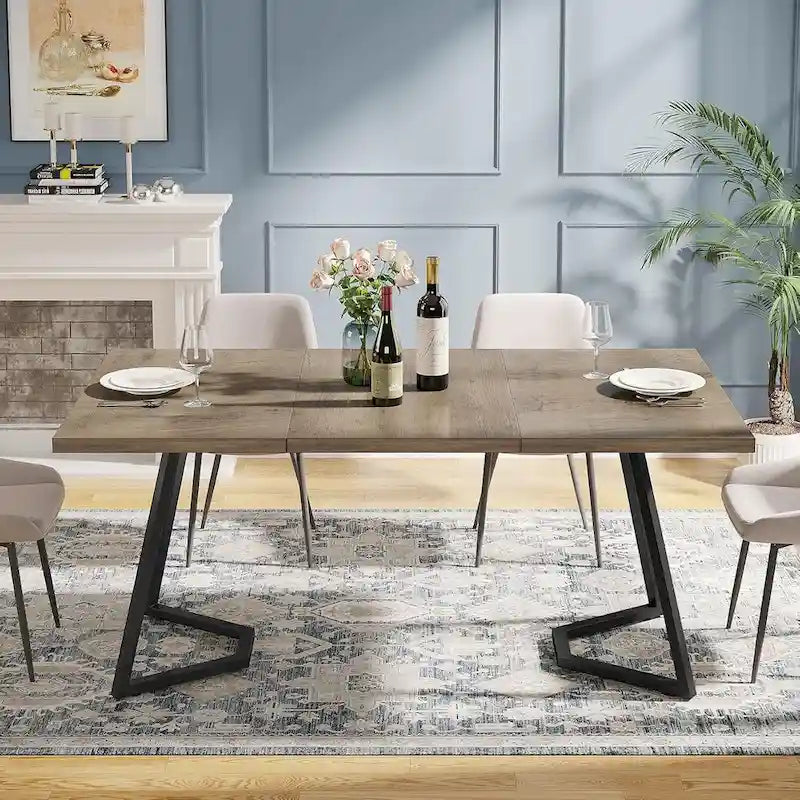 Natural Wood Tone Rectangle Dining Table with Metal Frame for 2–4 Person, 55