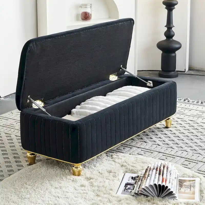 Rectangle Storage Ottoman Bench – Green / Black / Beige, Tufted Velvet, Modern Style, Seats 1–2