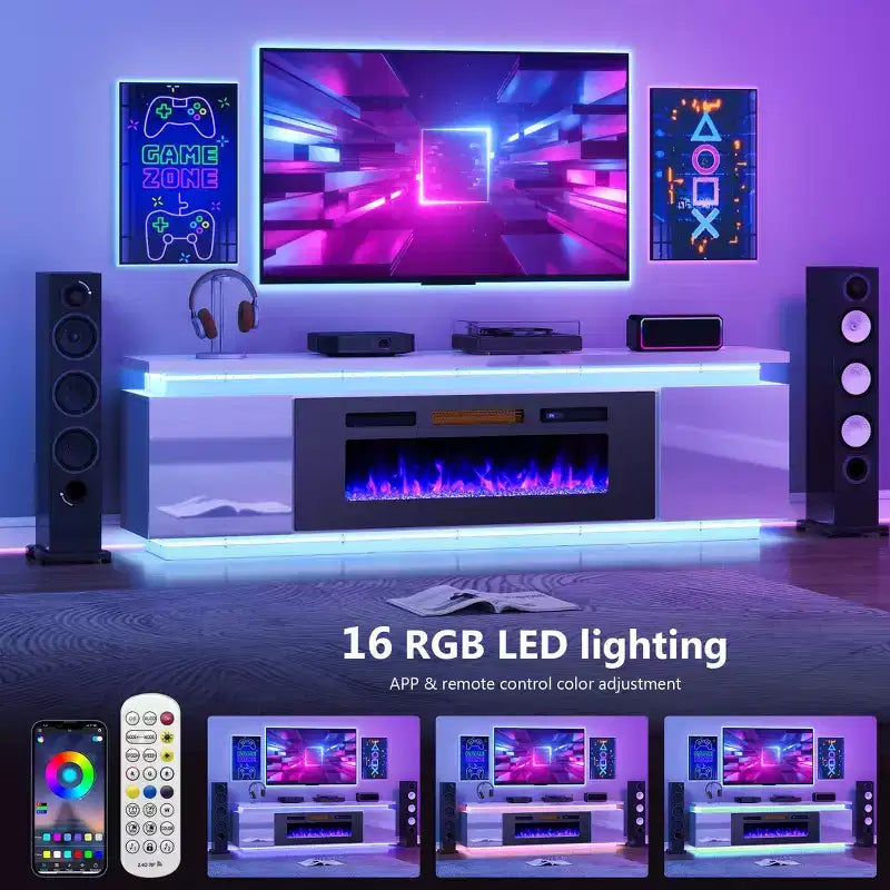 Skyzoo Electric Fireplace TV Stand for TVs up to 80 with LED Lights & 4 AC Power Outlets, TV console for Living Room