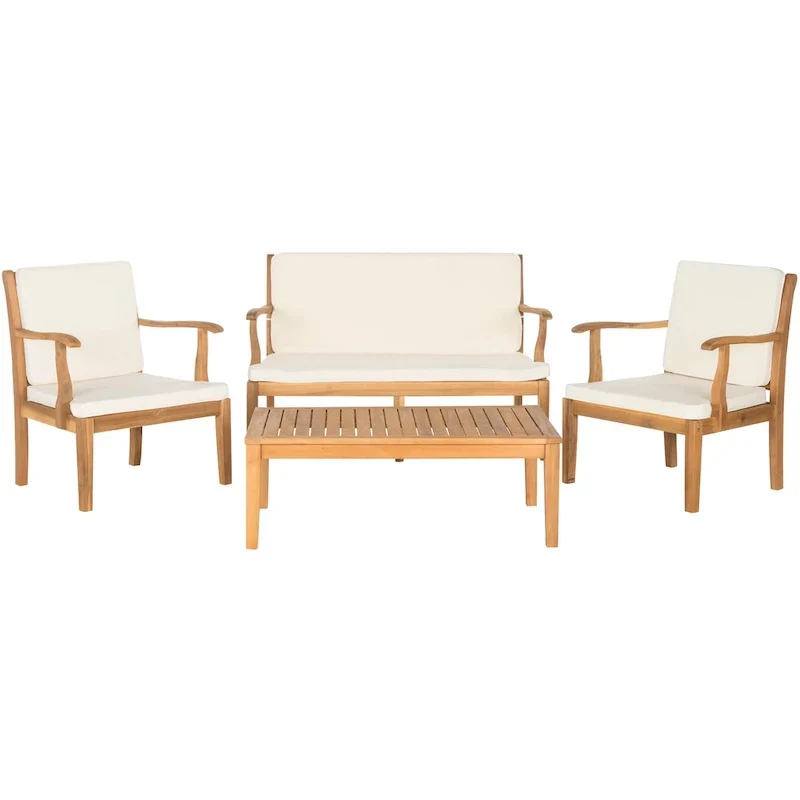 SAFAVIEH Outdoor Living Del Mar Brown Acacia Wood 4-piece Beige Cushion Patio Set - 48W x 25D x 32H
