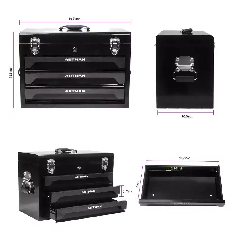 3 Drawers Tool Box With Tool Set,Top Storage, Metal Toolbox Portable Tool Chest Organizer,Lockable With Ball-Bearing Drawer Slides