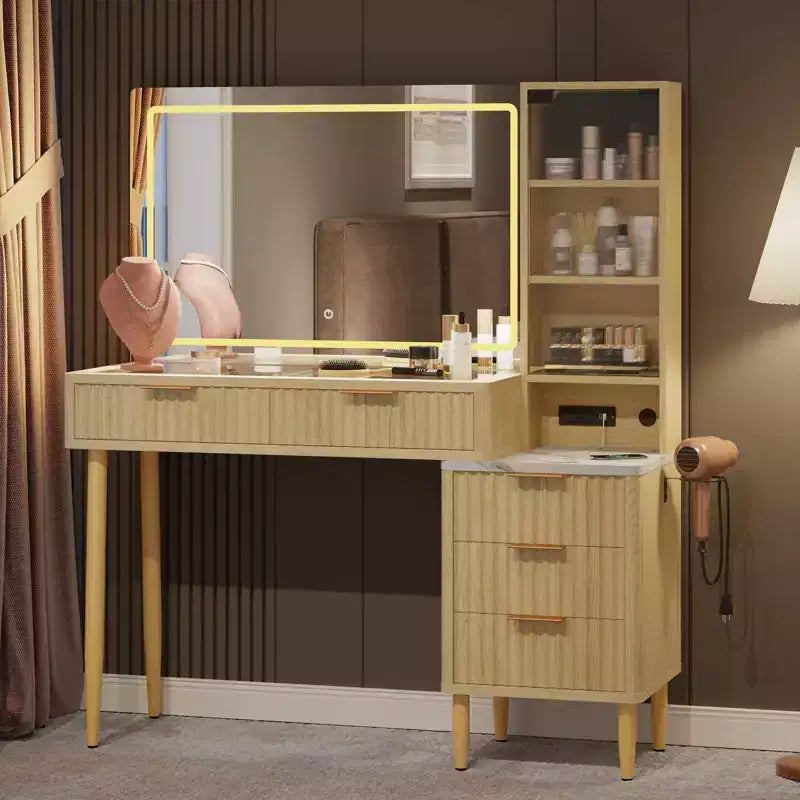 Particle Board LED Dressing Table with Wave Pattern, Durable MDF, Modern Design, Built-In LED Lighting, Spacious Storage