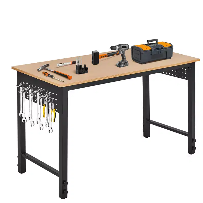 47 Inch Adjustable Workbench, 2000 LBS Load Capacity, with Tool Hooks, Mobile Work Table with Locking Casters for Garage, Workshop, Home Office