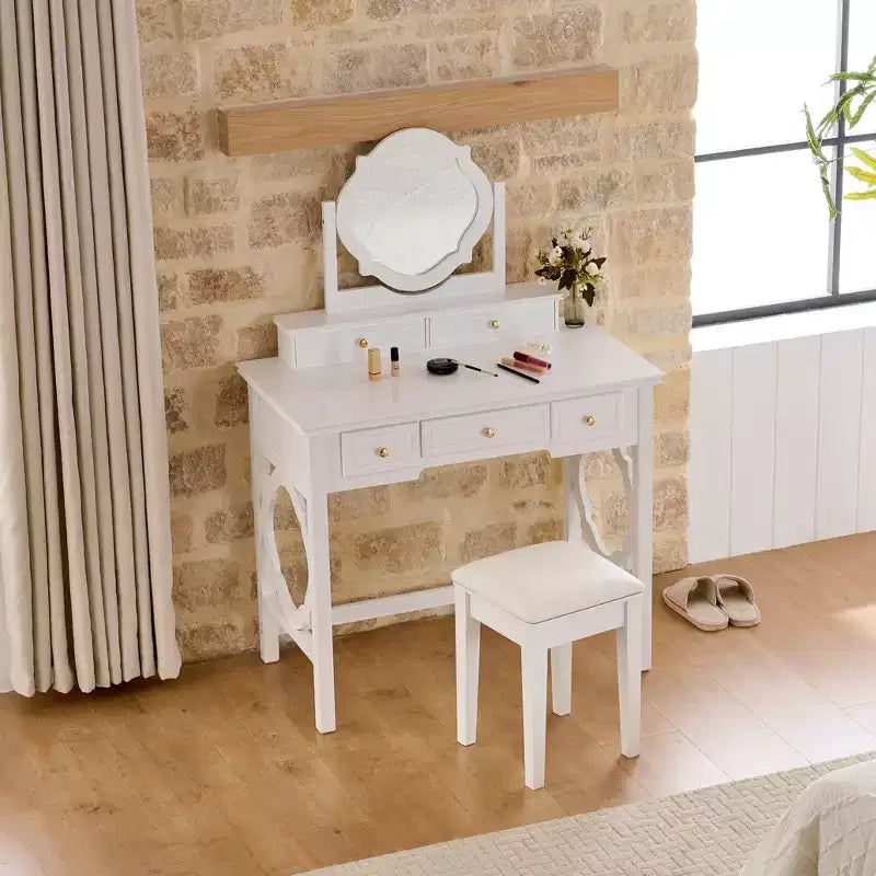 Makeup Vanity Table with Reversible Mirror, Elegant Chic Vanity Desk with 5 Drawers & Upholstered Stool, Space-Saving Beauty Station
