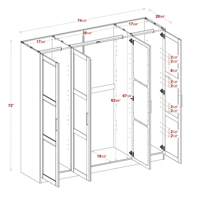 100% Solid Wood  4-Door Wardrobe with Solid Wood or Mirrored Doors