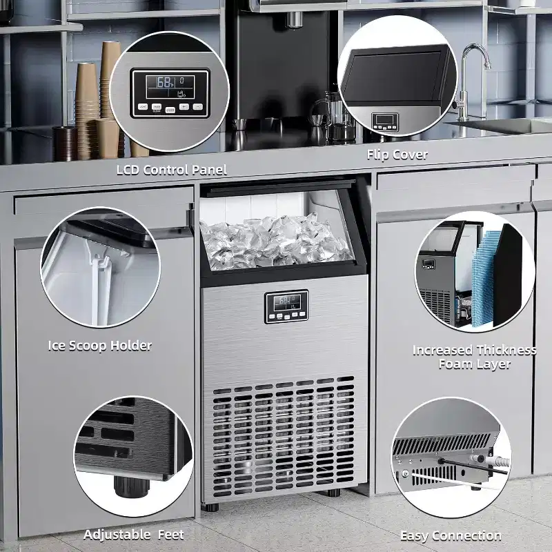 Commercial Ice Maker, 100Lbs/24H, 30Lbs Storage Bin, Stainless Steel, Freestanding, Crescent Cubes, Energy Efficient, Automatic Cleaning