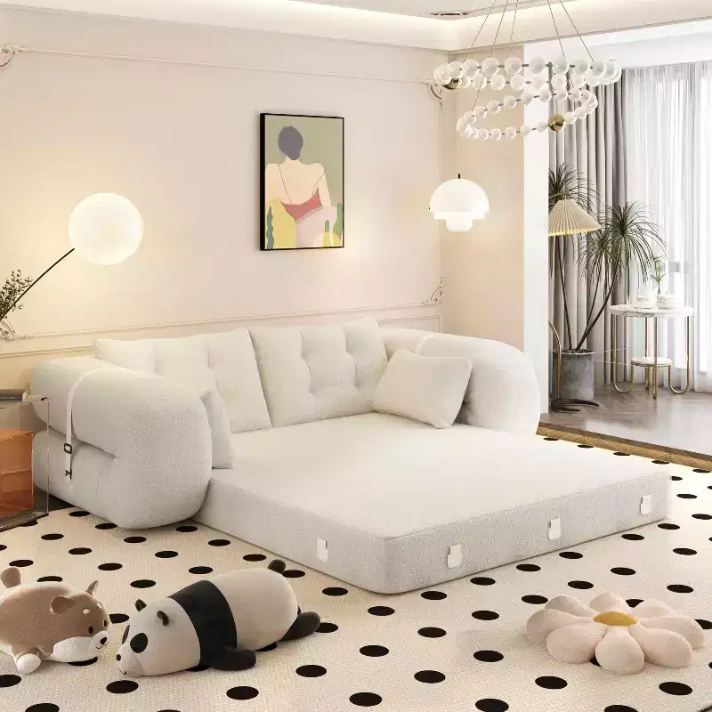 78.7 Inch Multifunctional Foldable Sofa Bed, 3-in-1 Teddy Fabric Foam Filled, Beige