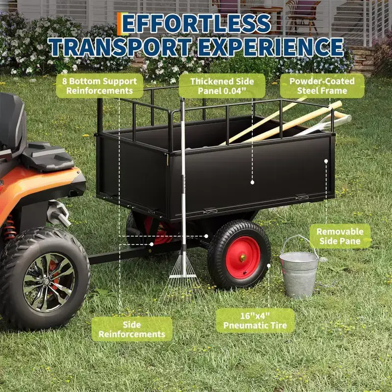 Heavy Duty Steel Garden Dump Cart  17 Cu.ft, 750lbs Capacity, Removable Sides, All-Terrain Wheels, Tow Behind ATV/UTV/Lawn Mower/Tractor