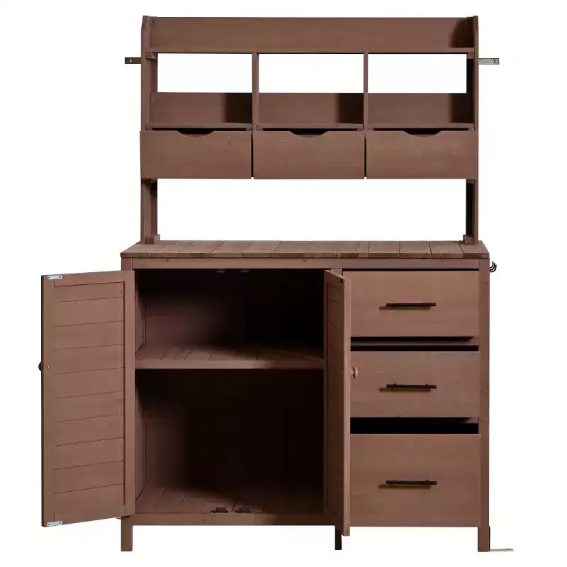 Farmhouse Potting Bench for Gardening, 65 Freestanding Garden Workstation with 6 Drawers, Cabinet, and Side Hook-Panipeachy