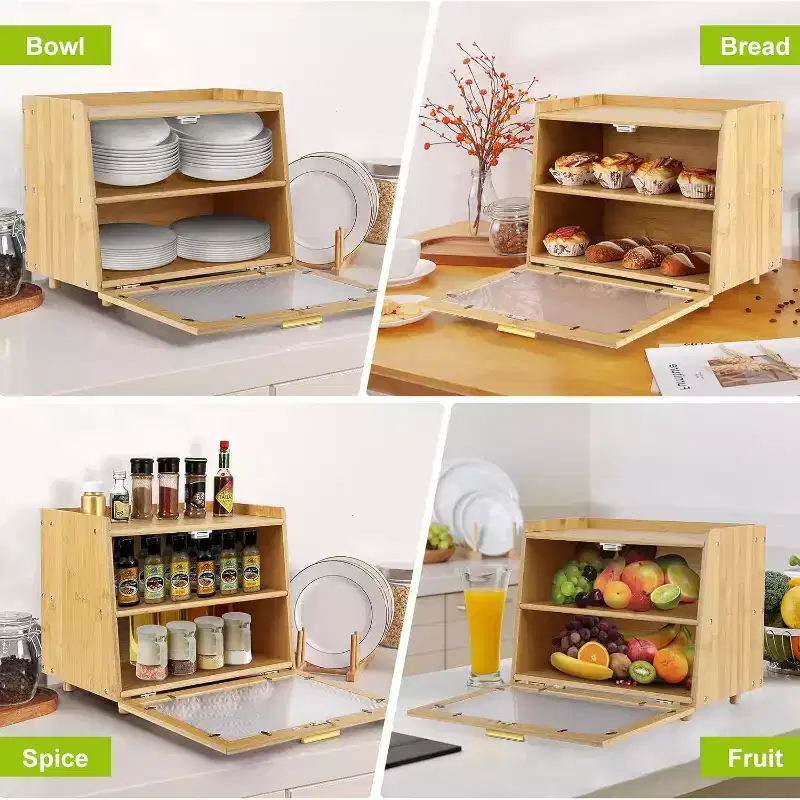 2-Layer Bamboo Bread Box with Acrylic Door, Bread Storage Container for Kitchen Countertop, Organizing Baguettes, Pastries & Baked Goods