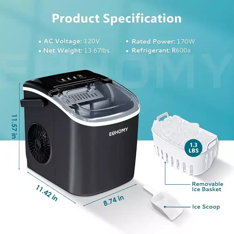 EUHOMY 26 Lbs. Countertop Bullet Ice Maker, Black