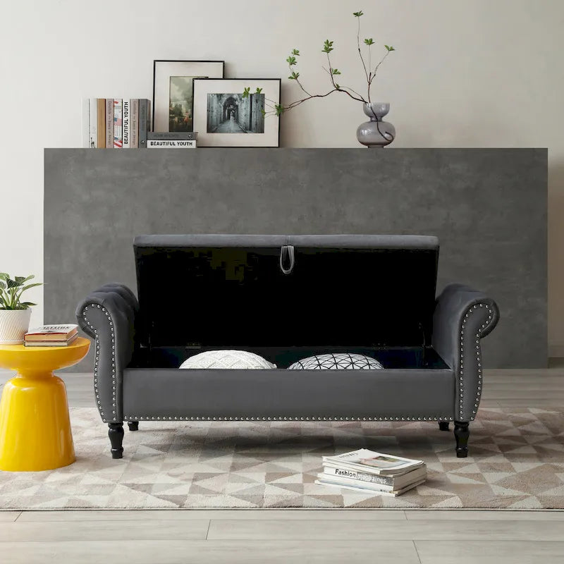 Upholstered Storage Ottoman Bench – Brown / Beige / Blue / Black / Grey / Pink, Velvet, Rolled Arms, Seats 2