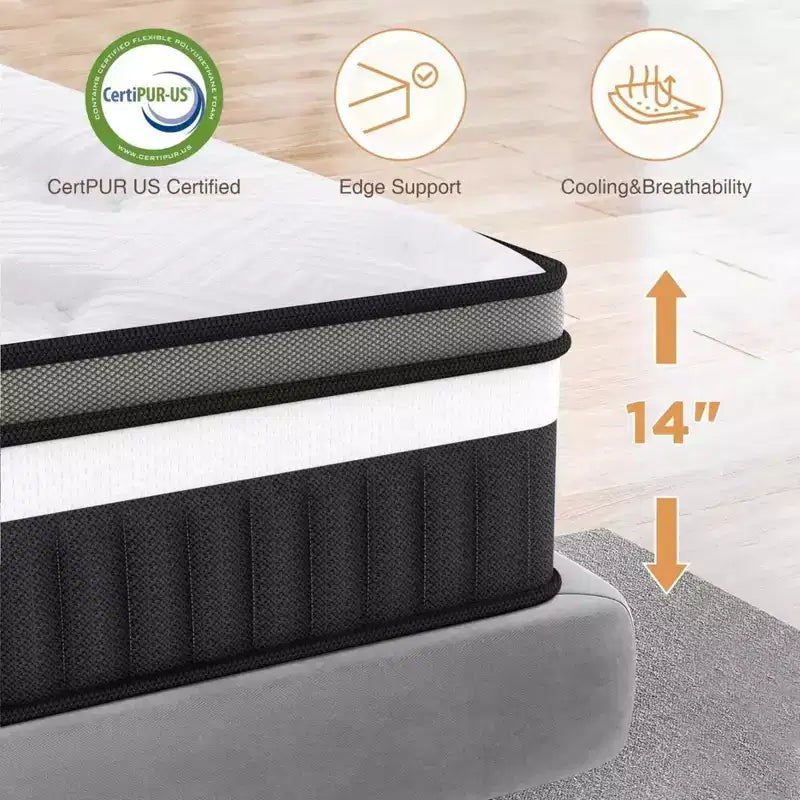14-inch King Hybrid Mattress  Gel Memory Foam, Pocketed Coils, Medium Firm, CertiPUR-US Certified