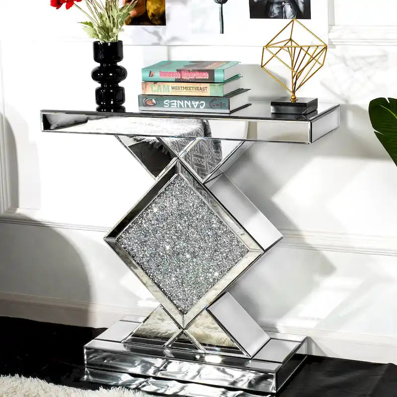 Geometric Mirrored Console Table – Silver, Glam Style, Diamond Lattice Base
