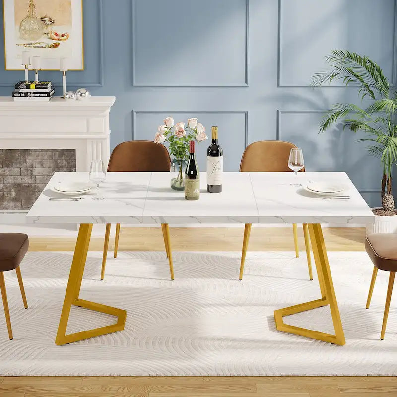 Natural Wood Tone Rectangle Dining Table with Metal Frame for 2–4 Person, 55
