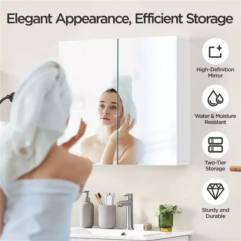 Frameless Mirror Cabinet with Two Mirrored Doors and Adjustable Shelf
