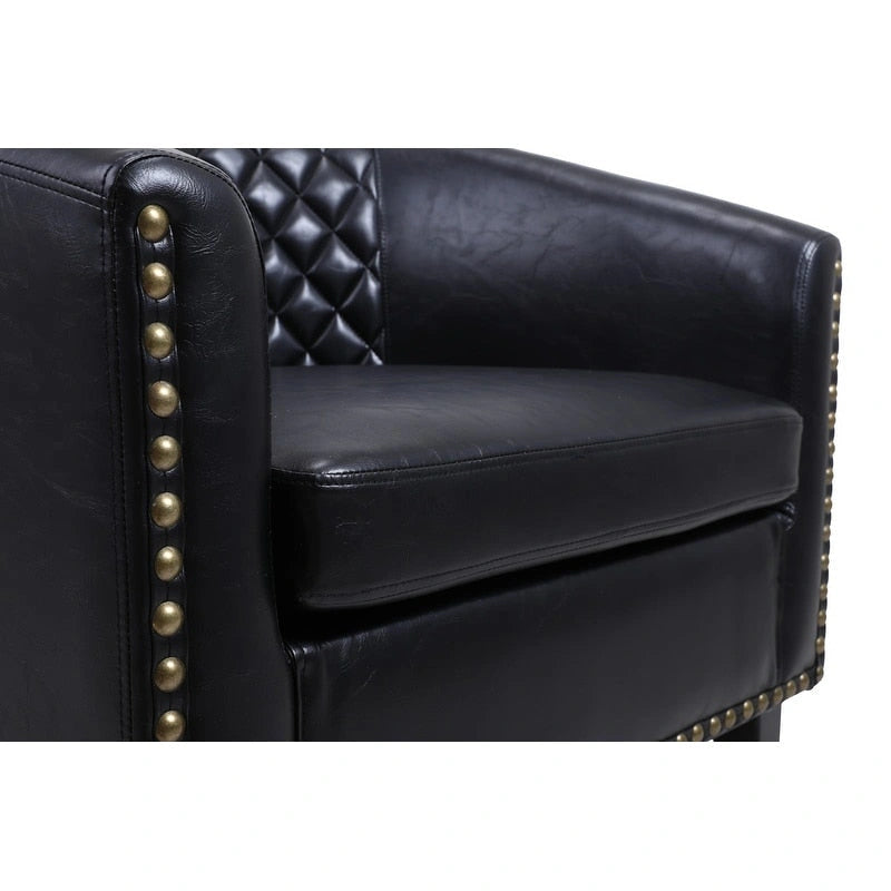Barrel Accent Chair – Black / Brown / White, PU Leather, Nailhead Trim, Solid Wood Legs, Seats 1
