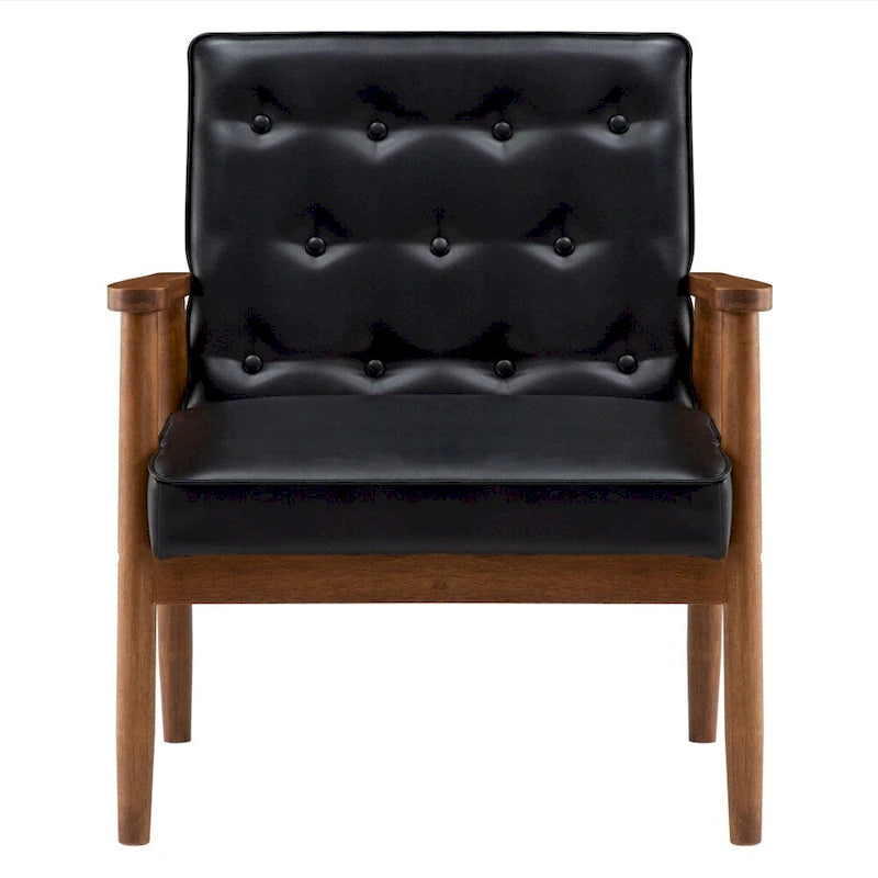 Button-Tufted Slipper Chair – Black, PU Leather, Solid Wood Frame & Legs, Seats 1