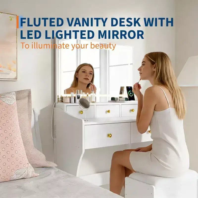 GustoWave Makeup Vanity Desk with Mirror & Chair, 5 Drawers, Hair Dryer Holder, Cushioned Stool for Bedroom