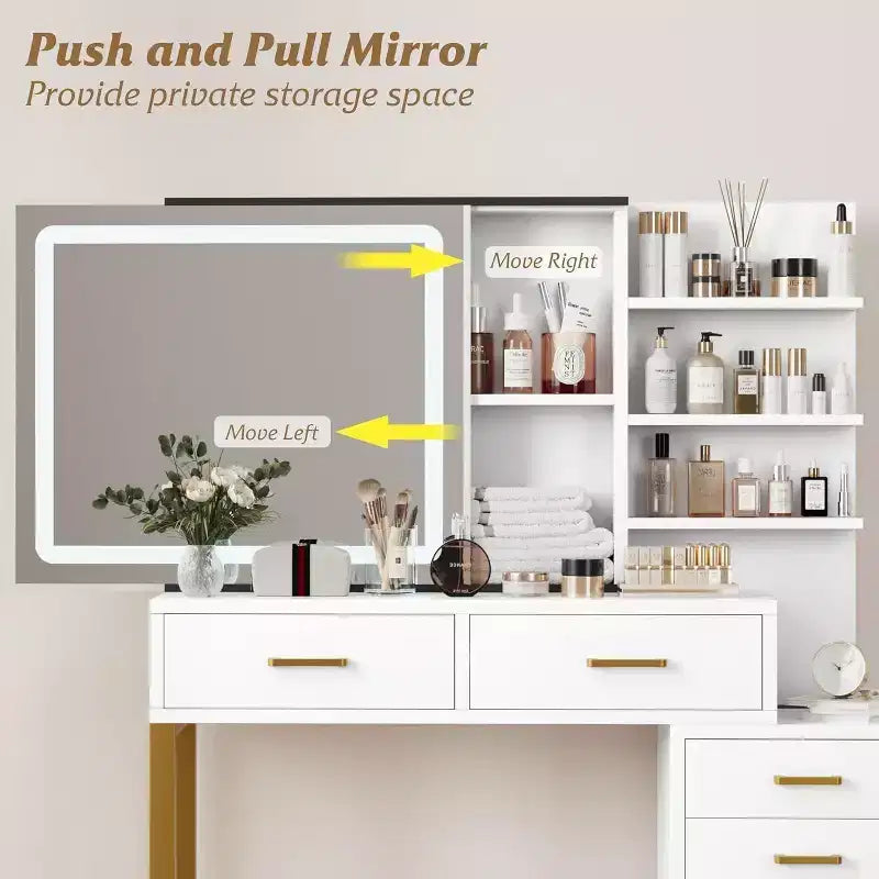Makeup Vanity Desk with Sliding Mirror and Lights, Large Dressing Table with Charging Station,3 Lighting Modes, 5 Drawers and 3 Tiers of Open Shelves