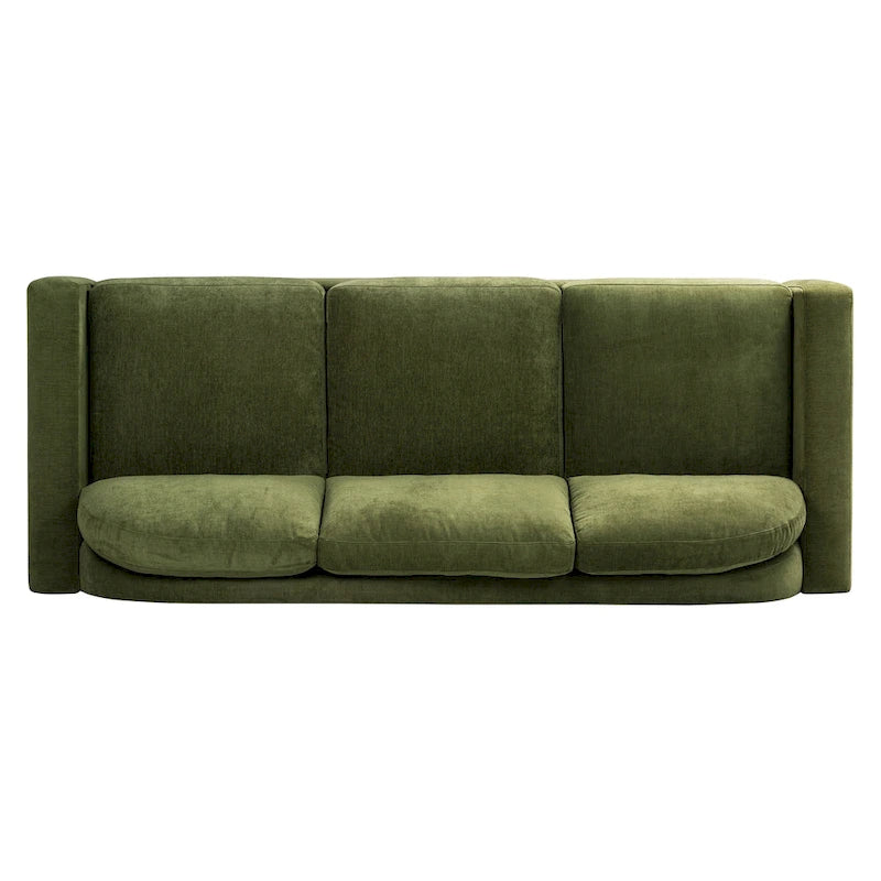99-Inch Mid-Century Sofa – Distressed Green Velvet, Low-Profile, Sinuous Spring, Seats 3