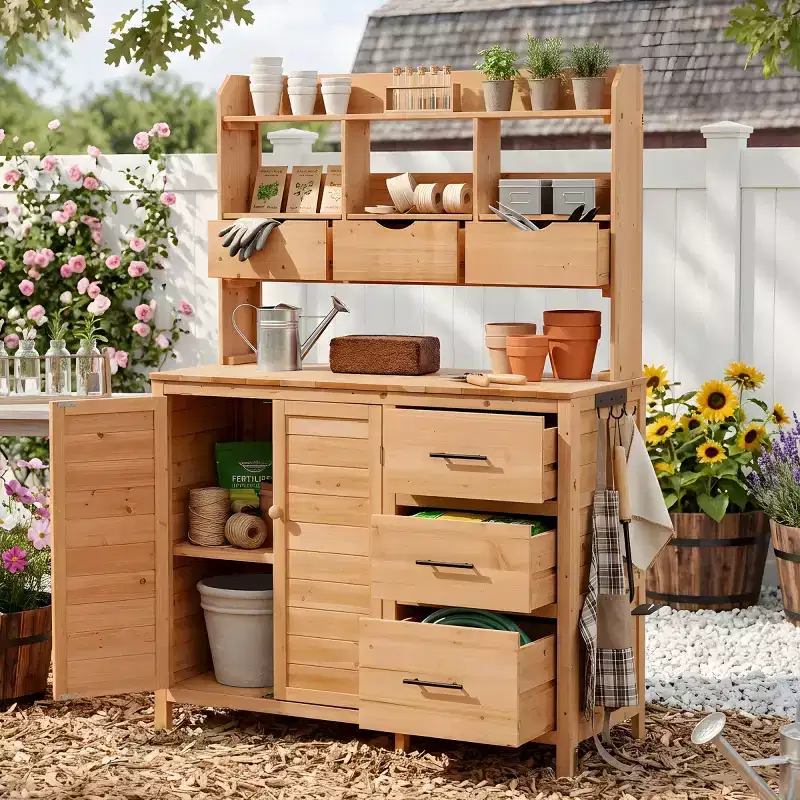 Farmhouse Potting Bench for Gardening, 65 Freestanding Garden Workstation with 6 Drawers, Cabinet, and Side Hook-Panipeachy
