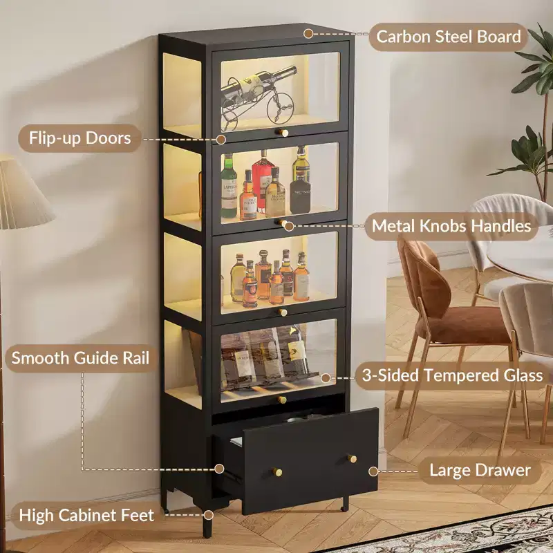 Bekrvio 67 Glass Doors Display Cabinet with Drawer & 13-Color RGB LED Lights, 5-Tier Metal Curio Cabinet for Collectibles, Figure, Toys, Books