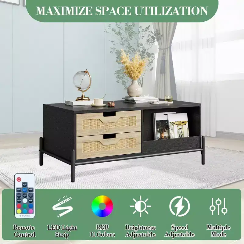 Rattan Coffee Table with LED Lighting & Storage Drawers