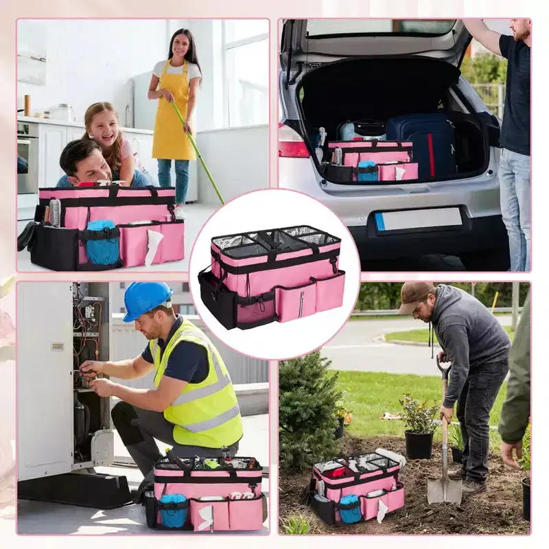 Portable Cleaning Caddy Bag with Shoulder Strap, Waterproof Oxford Cloth Organizer for Cleaning Supplies, Pink Utility Tote for Home, Car & Garden