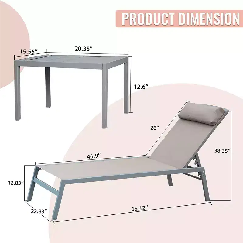 CLIHOME 3 Pieces Patio Aluminum Pool Lounge Chairs Set,Adjustable Backrest Textilene Sunbathing Recliner(with 2 Lounge Chairs&1 Table)