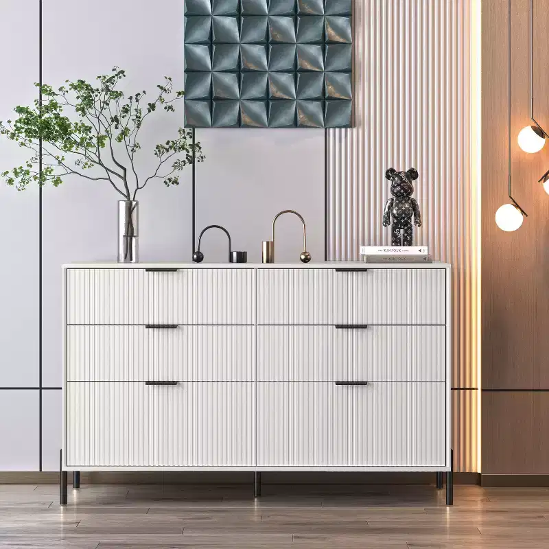 6 Drawer Dresser with Gold Legs Modern Ribbed Design for Bedroom