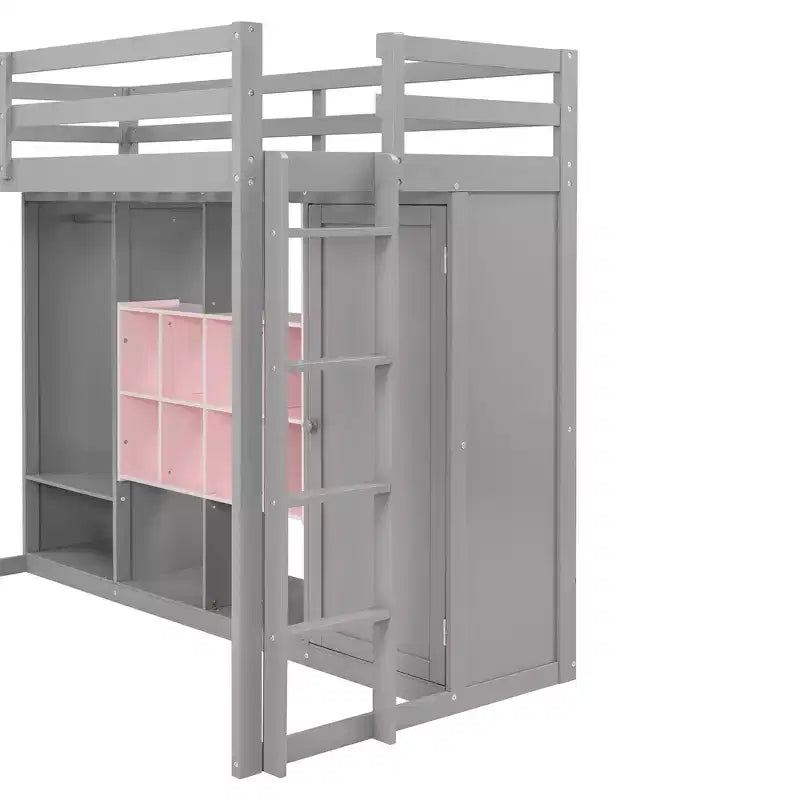 Kids Loft Bed with Wardrobe and Shelves, Wooden Loft Bed Frame with Storage Cabinet for Kids Teens
