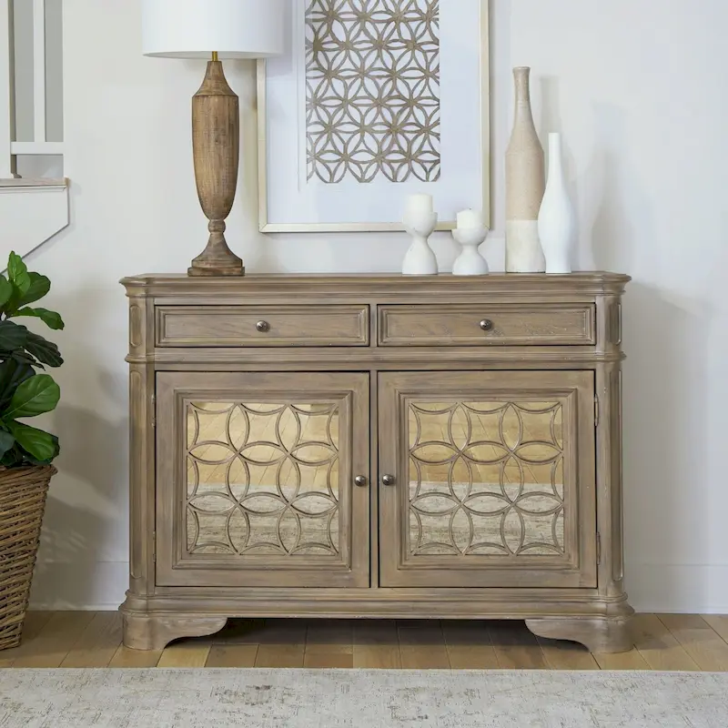 Wood Buffet Cabinet with Mirrored Doors and Drawer Storage