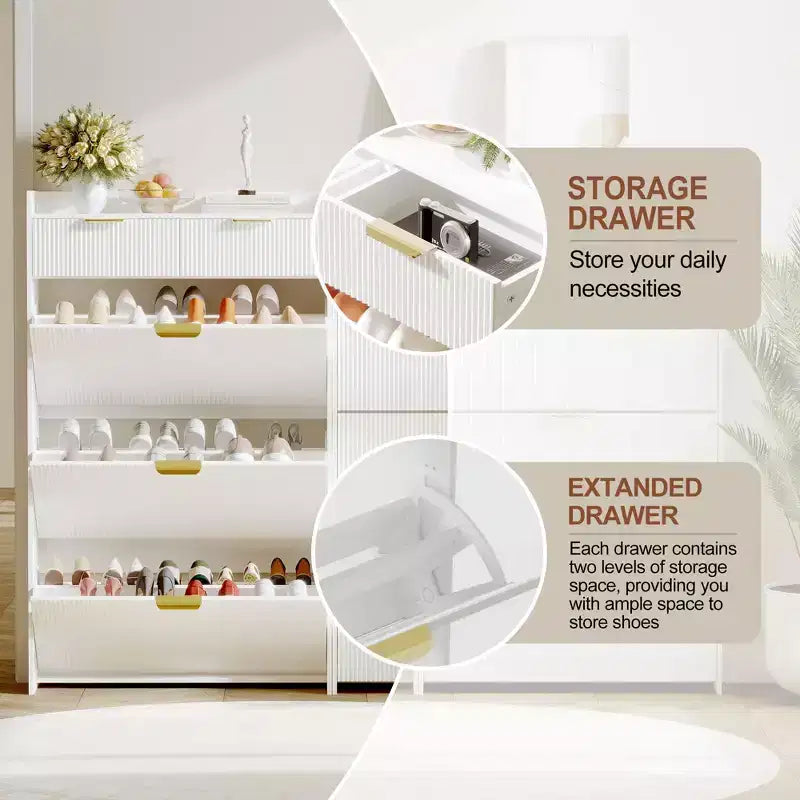 Modern White Shoe Cabinet with 3 Flip Drawers & 2 Small Drawers & Hook, Slim Fluted Shoe Storage Organizer, Narrow Entryway Cabinet