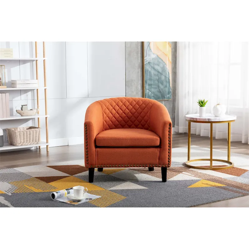 Accent Barrel chair living room chair with nailheads and solid wood legs