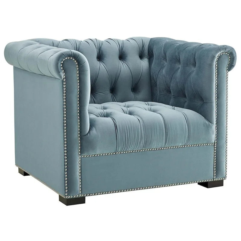 Chesterfield Armchair – Midnight Blue / Aqua / Grey / Ivory, Performance Velvet, Button Tufted, Seats 1