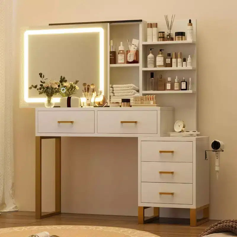 Makeup Vanity Desk with Sliding Mirror and Lights, Large Dressing Table with Charging Station,3 Lighting Modes, 5 Drawers and 3 Tiers of Open Shelves