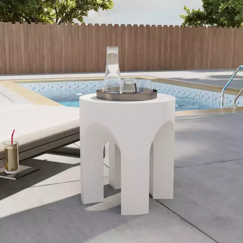 LeisureMod Crus 18 Sculptural Fiberstone End Table - Round Vaulted Base Side Table