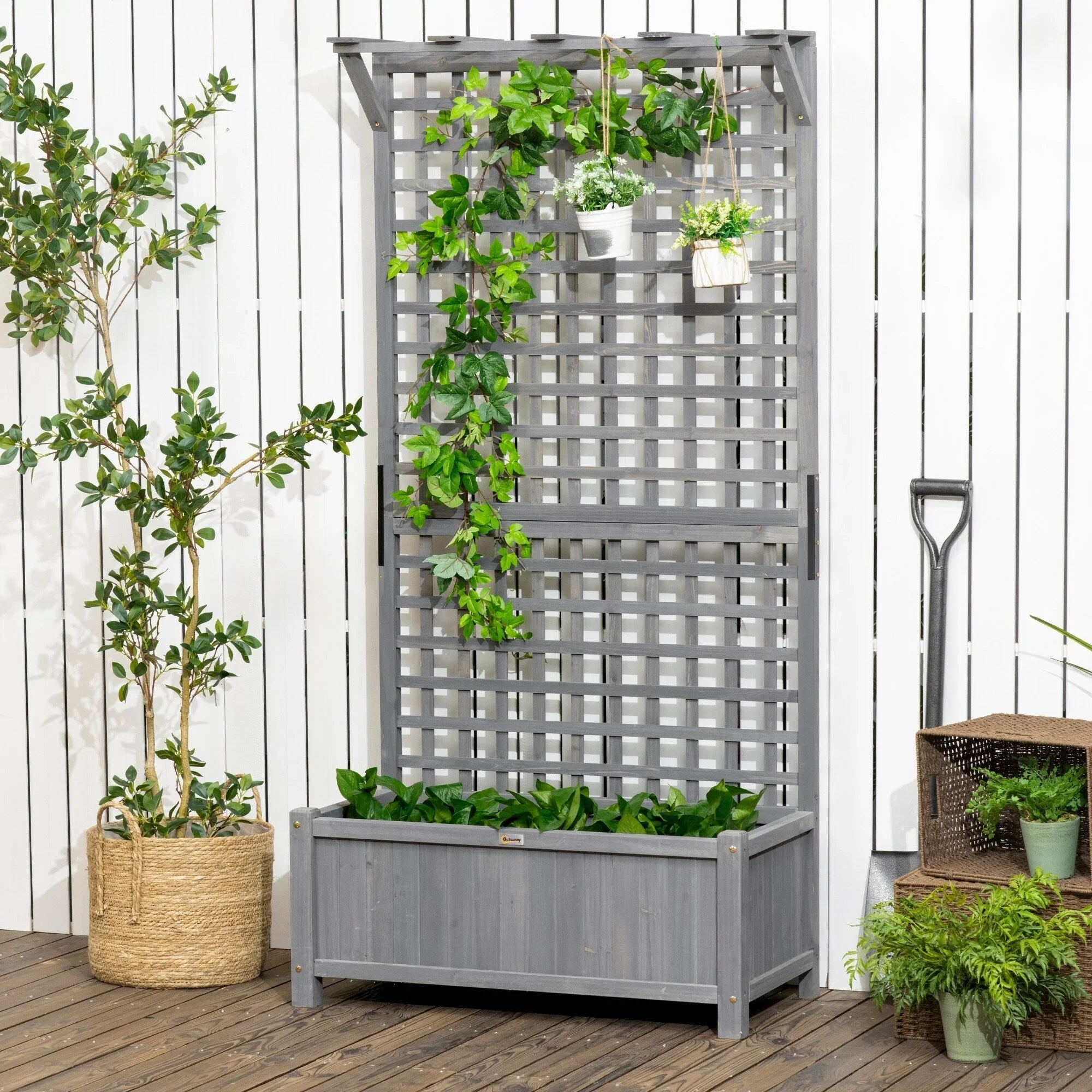 Outsunny Wood Planter with Trellis, Raised Garden Bed for Climbing Plants w/ Drainage Holes and Roof