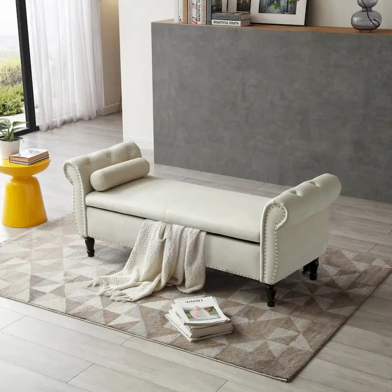 Upholstered Storage Ottoman Bench – Brown / Beige / Blue / Black / Grey / Pink, Velvet, Rolled Arms, Seats 2