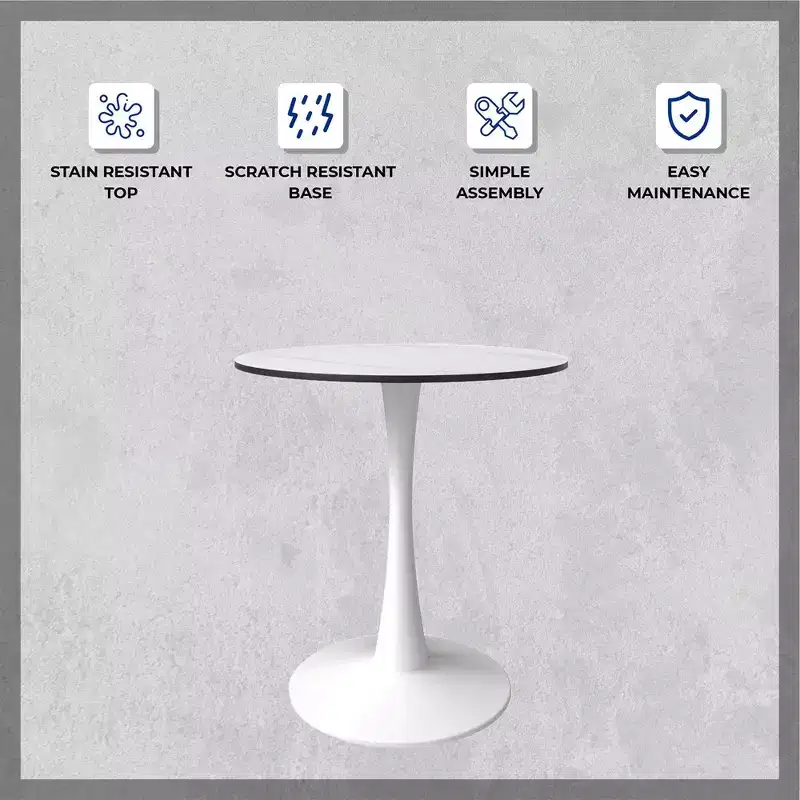 LeisureMod Bristol 31 Round Dining Table  Sintered Stone Top Accent Caf Table & Sturdy Steel White Pedestal Base for Kitchen and Small Spaces