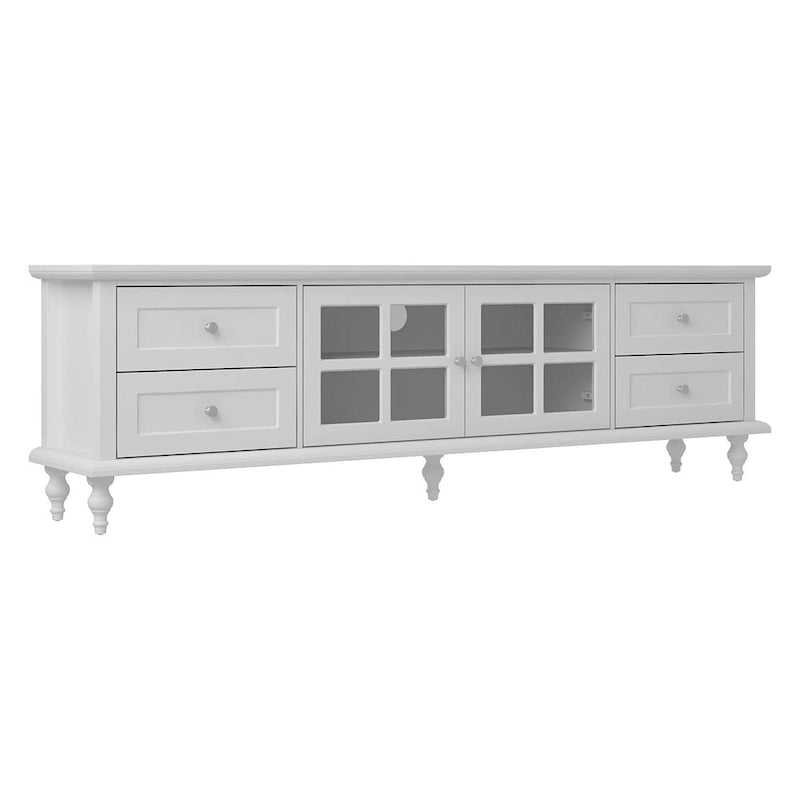 70.9-Inch TV Stand – White, Modern Style, Tempered Glass Doors & 4 Drawers