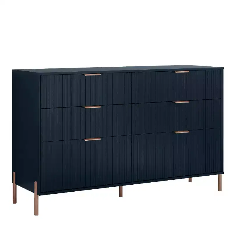 6 Drawer Dresser with Gold Legs Modern Ribbed Design for Bedroom