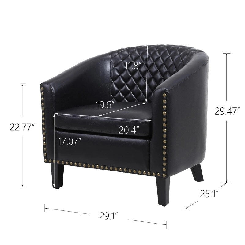 Barrel Accent Chair – Black / Brown / White, PU Leather, Nailhead Trim, Solid Wood Legs, Seats 1