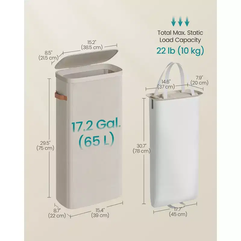 Laundry Basket, 17.2 Gal. Laundry Hamper, Easy Assembly, with Lid and Handles, Removable Liner, 15.4 x 8.7 x 29.5 Inches, Cappuccino Beige