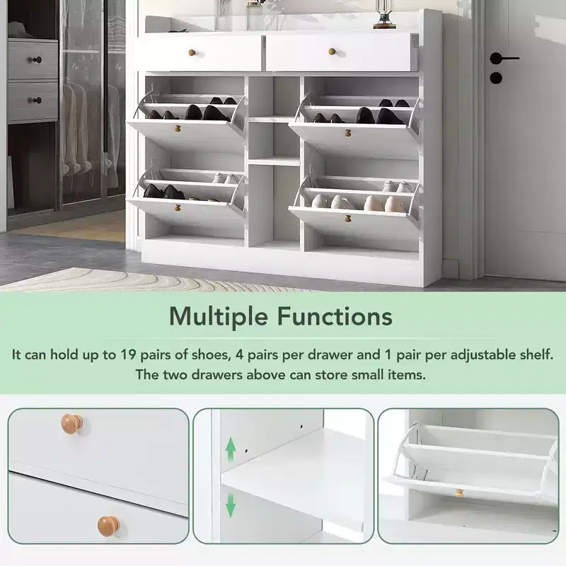 Shoe Cabinet with 4 Flip Drawers, Multifunctional 2-Tier Shoe Storage Organizer with Drawers, Free Standing Shoe Rack for Entrance Hallway, White