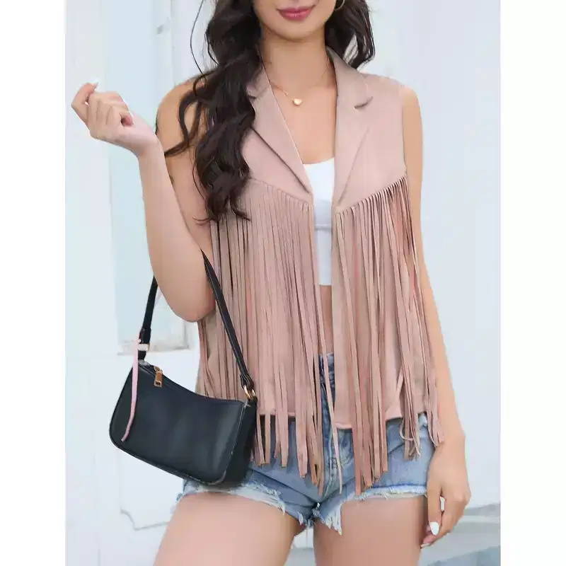 Coolmee Women's Semi-Formal Blazer Vests Open Front Solid Fringe Cardigan Vests Sleeveless Cropped Tassel Office Workplace Vests M Apricot