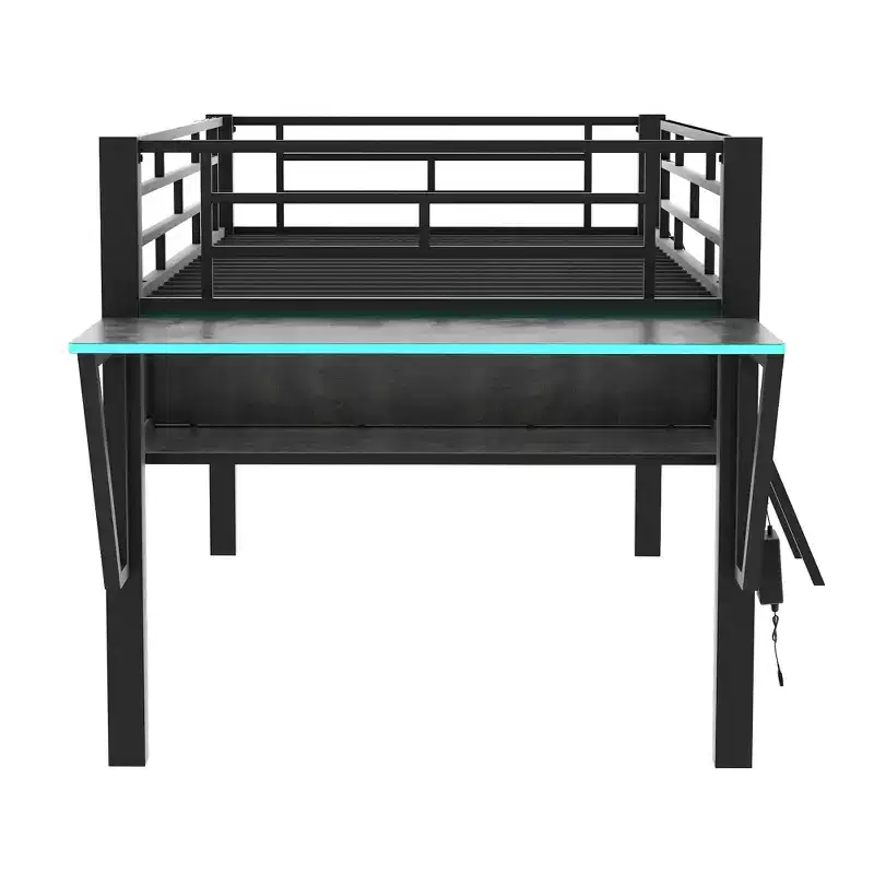 Twin Gaming Loft Bed with Desk & LED Lights, Black Metal Mid Loft Bed with Storage for Kids Teens, eSports-Inspired Design